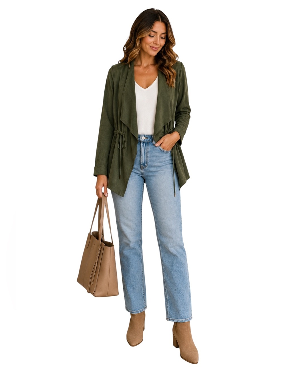 BLANKNYC Olive Green Faux Suede Draped Open Front Drawstring Jacket XL EUC - Picture 2 of 12